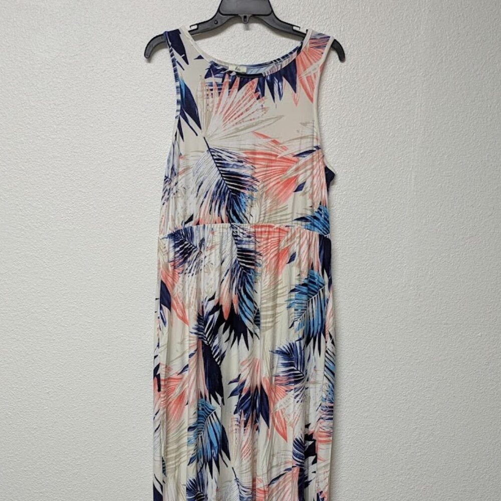 EGY White Roundneck w/ Multicolor Palm Leaves Tropical Maxi Sleeveless Dress 2XL